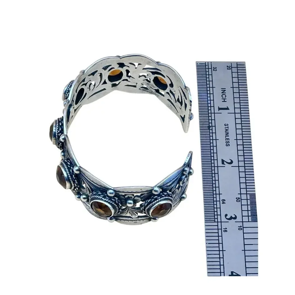 Peruzzi Florence 800 Silver Citrine Ornate Floral Motif Bracelet Cuff Vtg Signed
